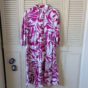 Maeve For Anthropologie White and Magenta Swirl Printed Midi Shirt Dress